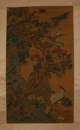 A CHINESE SCROLL PAINTING OF FLOWERS AND BIRDS