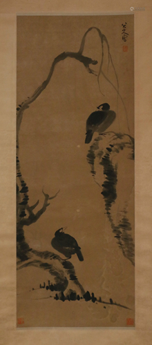 A CHINESE SCROLL PAINTING OF BIRDS AND TREE