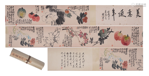 A CHINESE SCROLL PAINTING OF FLOWERS, FRUITS &