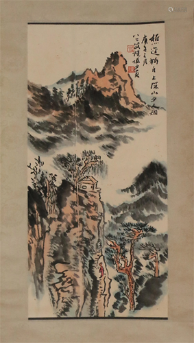 A CHINESE SCROLL PAINTING OF LANDSCAPE AND FIGURES