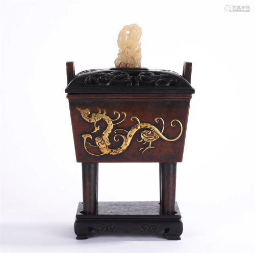 A CHINESE GOLD INLAID CHI-DRAGON BRONZE INCENSE BURNER