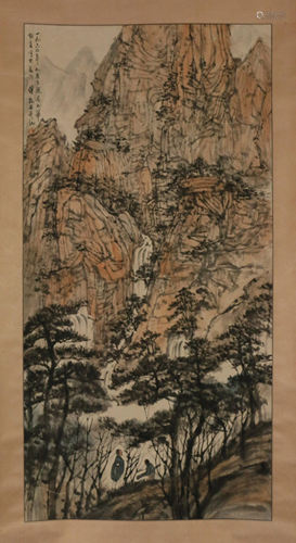 A CHINESE SCROLL PAINTING OF LANDSCAPE AND FIGURES