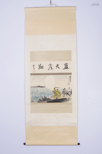 A CHINESE SCROLL PAINTING DEPICTING FIGURES STORY