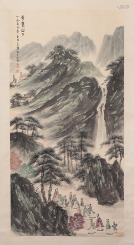 A CHINESE PAINTING DEPICTING LANDSCAPE AND FIGURES