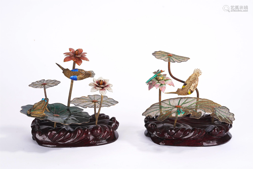 A PAIR OF CHINESE GILT SILVER LOTUS POND DECORATIONS