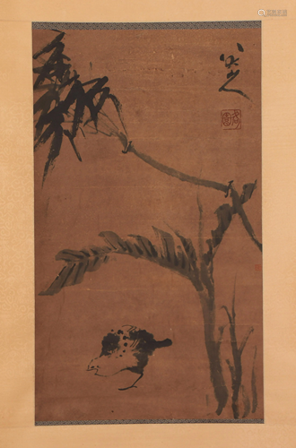 A CHINESE PAINTING OF PLANTS AND BIRD