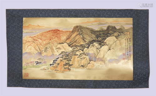 A CHINESE PAINTING OF LANDSCAPE ON GOLDEN PAPER