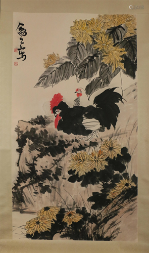 A CHINESE SCROLL PAINTING OF FLOWERS AND CHICKENS