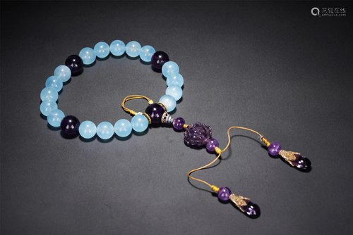 A CHINESE 18-BEAD SEA-BLUE HARD-STONES PRAYER BEADS