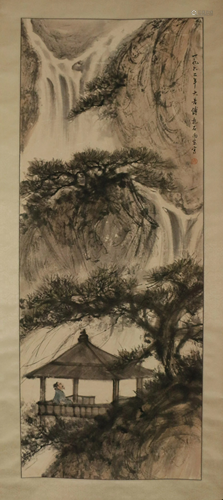 A CHINESE SCROLL PAINTING OF LANDSCAPE AND FIGURE