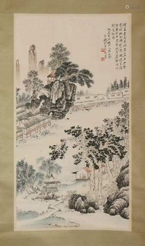 A CHINESE SCROLL PAINTING OF LANDSCAPE AND FIGURES