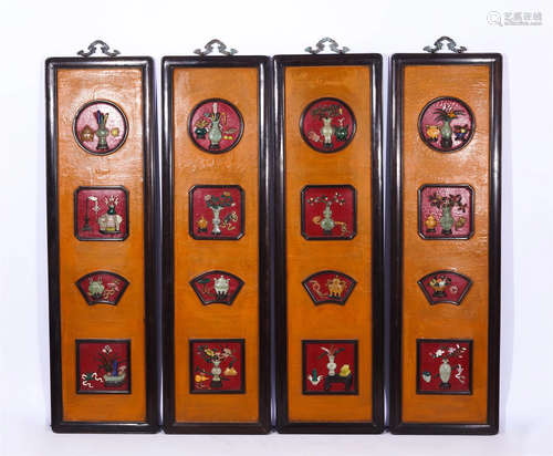 FOUR CHINESE HARD-STONES INLAID HANGING SCREENS