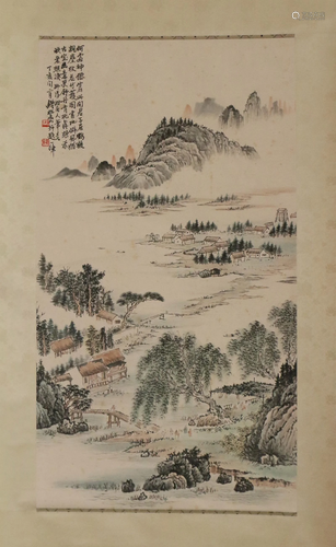 A CHINESE SCROLL PAINTING OF LANDSCAPE AND FIGURES