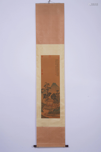 A CHINESE SILK PAINTING OF LANDSCAPE AND FIGURES