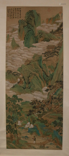 A CHINESE SCROLL PAINTING OF LANDSCAPE AND FIGURES