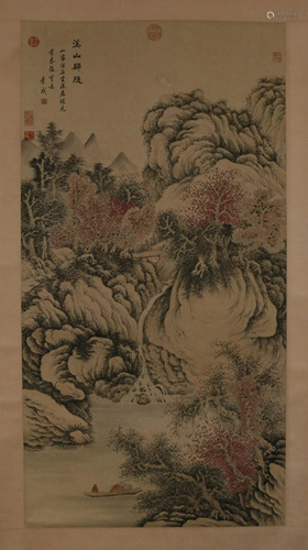 A CHINESE SCROLL PAINTING OF LANDSCAPE AND FIGURES