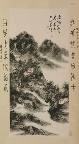 A CHINESE SCROLL PAINTING OF LANDSCAPE