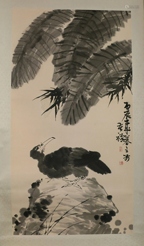 A CHINESE SCROLL PAINTING OF PLANTS AND BIRD