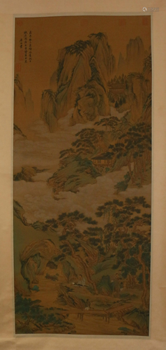 A CHINESE SCROLL PAINTING OF LANDSCAPE AND FIGURES