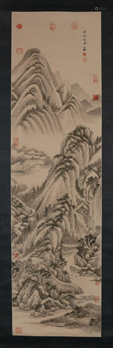 A CHINESE SCROLL PAINTING OF LANDSCAPE AND FIGURES