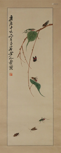 A CHINESE SCROLL PAINTING OF INSECTS AND BRANCHES