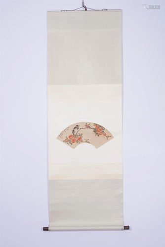 A CHINESE FAN SHAPED PAINTING OF FLOWERS AND BIRD