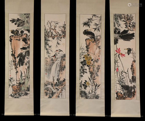 FOUR CHINESE SCROLL PAINTINGS OF FLOWERS AND BIRDS