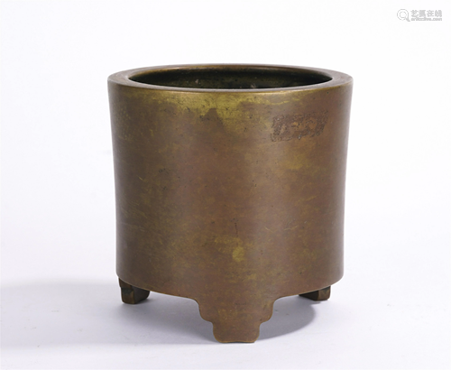 A CHINESE BRONZE TRIPOD TUBE SHAPE INCENSE BURNER