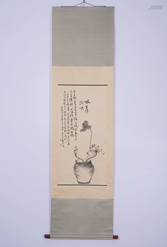 A CHINESE SCROLL PAINTING OF LOTUS IN A VASE