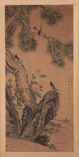 A CHINESE PAINTING OF FLOWERS AND BIRDS