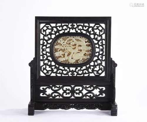 A CHINESE JADE DRAGON INLAID ZITAN WOOD TABLE SCREEN