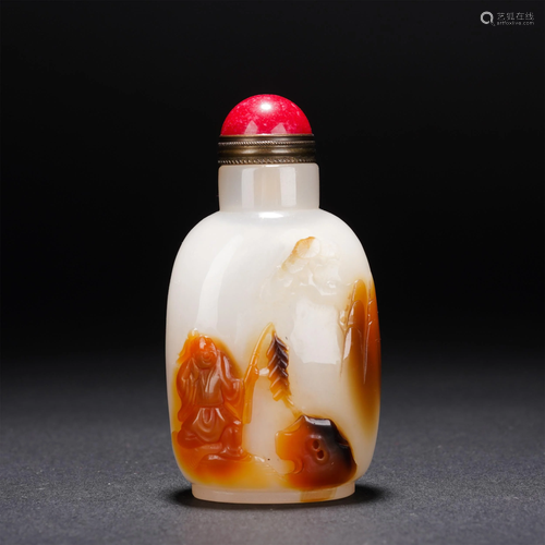 A CHINESE AGATE CARVED FIGURAL SNUFF BOTTLE