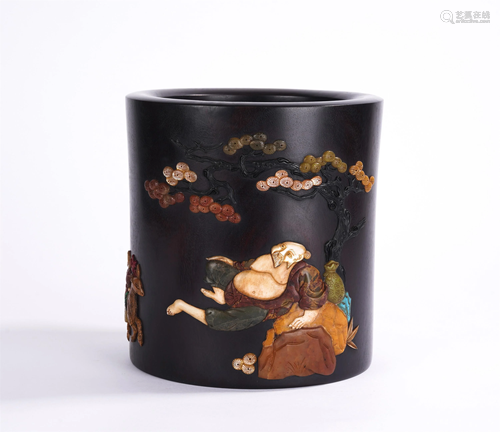 A CHINESE HARD-STONES INLAID HARDWOOD BRUSH POT