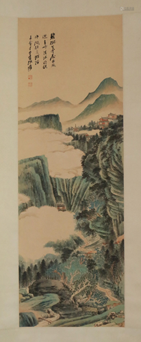 A CHINESE SCROLL PAINTING OF LANDSCAPE AND FIGURES