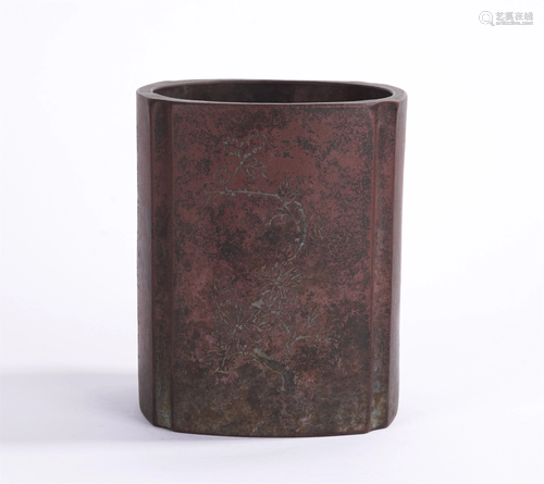 A CHINESE YIXING CLAY BRUSH POT INCISED WITH FLOWERS