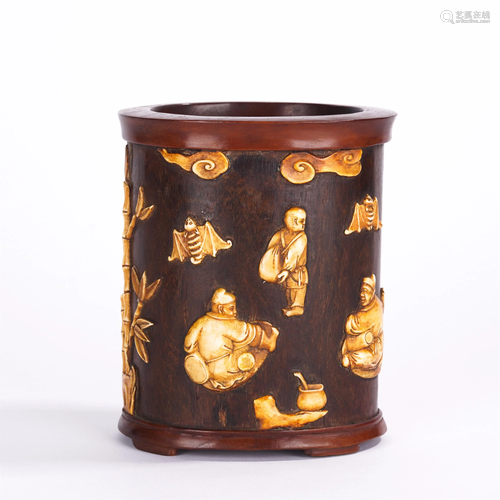 A CHINESE HARD-STONES INLAID HARDWOOD BRUSH POT