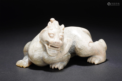 A CHINESE WHITE JADE CARVED MYTHICAL BEAST MAT-WEI…