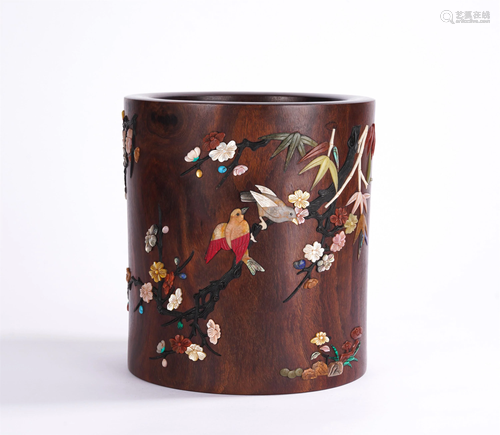 A CHINESE HARD-STONES INLAID HARDWOOD BRUSH POT