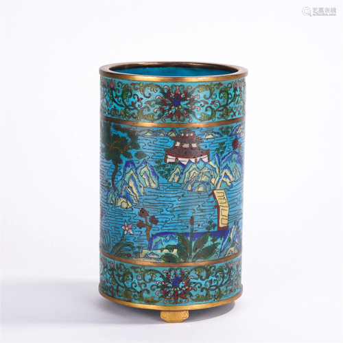 A CHINESE GILT MOUNTED ENAMEL LANDSCAPE BRUSH POT