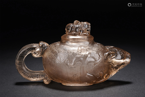 A CHINESE GOAT-HEAD CRYSTAL TEA POT