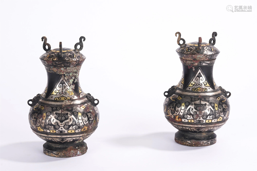 A PAIR OF CHINESE GOLD DECORATED SILVER ZUN VASES