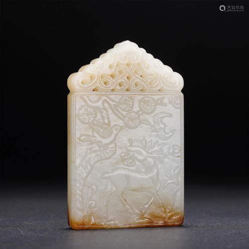 A CHINESE WHITE JADE CARVED DEER AND LINGZHI PLAQUE