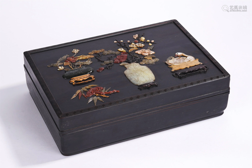 A CHINESE HARD-STONES INLAID ZITAN WOOD SCHOLAR BOX