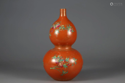 A CORAL-RED GLAZED 'FRUITFUL' DOUBLE GOURD VASE