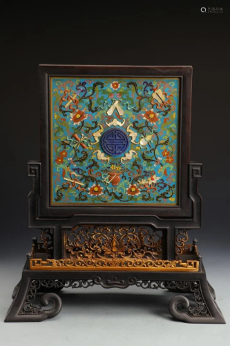 A GEMSTONE AND CLOISONNE INLAID WOOD TABLE …