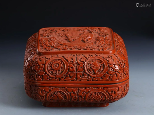 A RED CARVED LACQUERWARE AUSPICIOUS BOX …