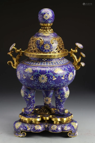 A GILT BRONZE CLOISONNE 'FOLIAGE' TRIPOD CENSER