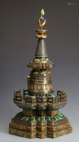 GEMSTONES INLAID SILVER BUDDHIST STUPA