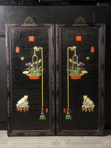 PAIR OF GEMSTONE INLAID LACQUER HANGING SCREENS