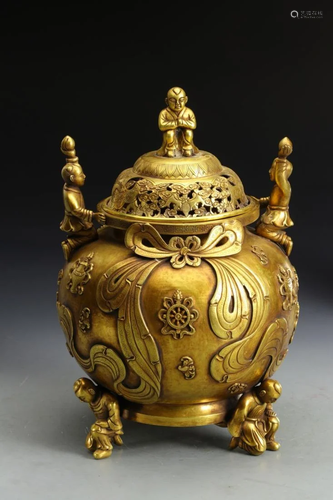 A GILT BRONZE 'BABAO' TRIPOD INCENSE BURNER